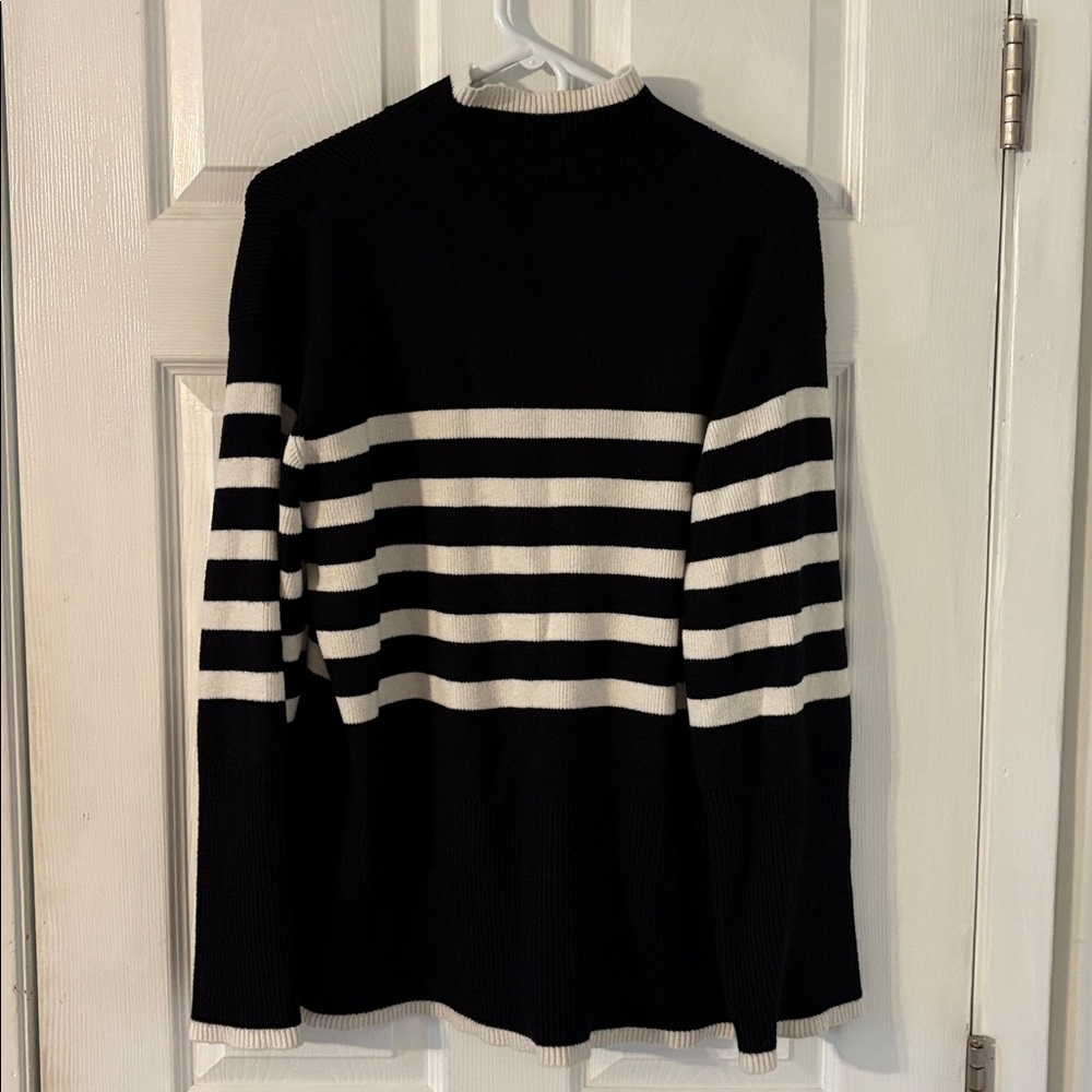 Striped Knit Sweater Black White Quarter Zip Minimalist Chic L - Picture 6 of 7